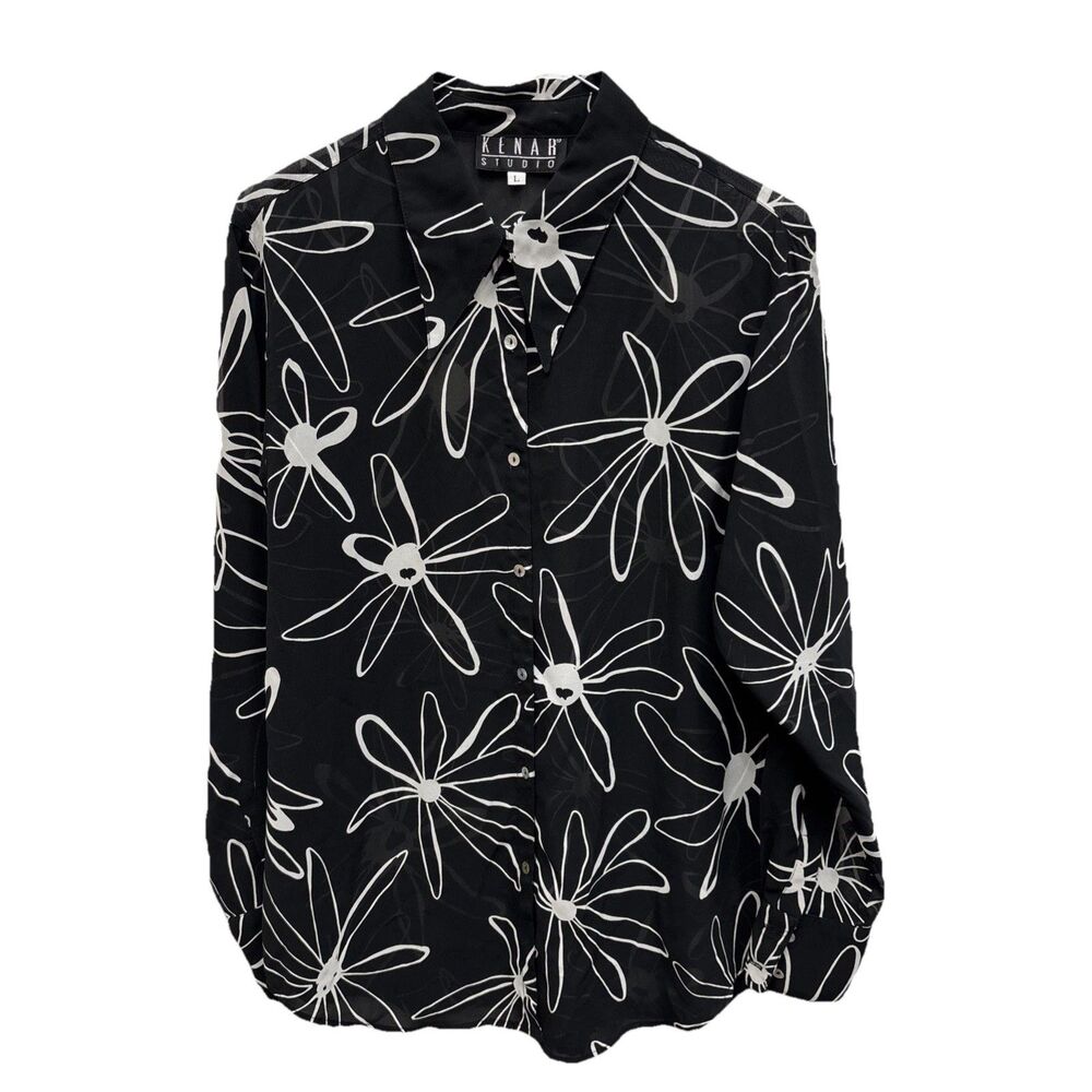 Kenar Black White Floral Chiffon Button Up Blouse L Long Sleeve Sheer Retro